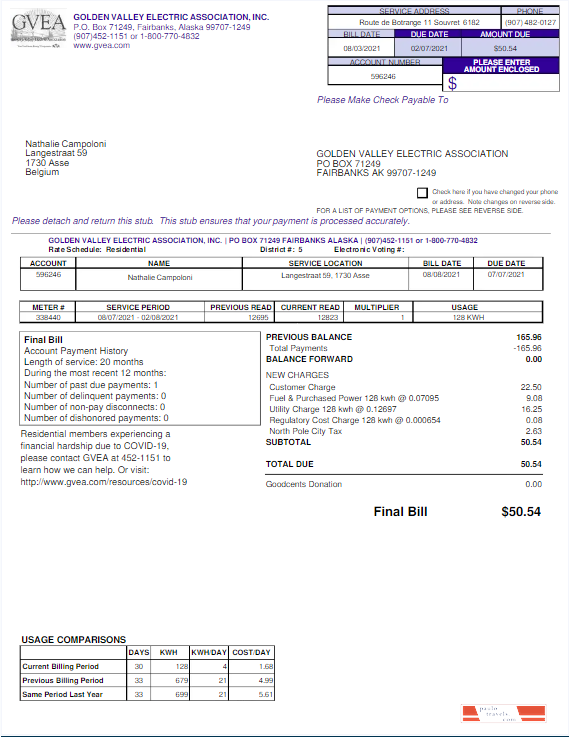 USA GVEA utility bill Word and PDF template